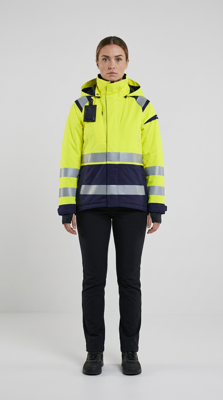 Kvinde i gul og marineblå high-visibility jakke med refleksstriber og sorte bukser på en grå baggrund.