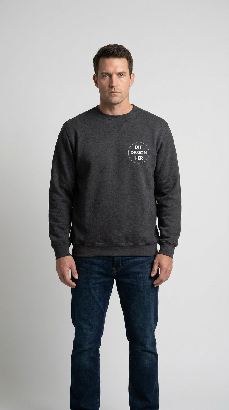 Mand i mørkegrå sweatshirt med "DIT DESIGN HER" logo og blå jeans foran en lys baggrund.