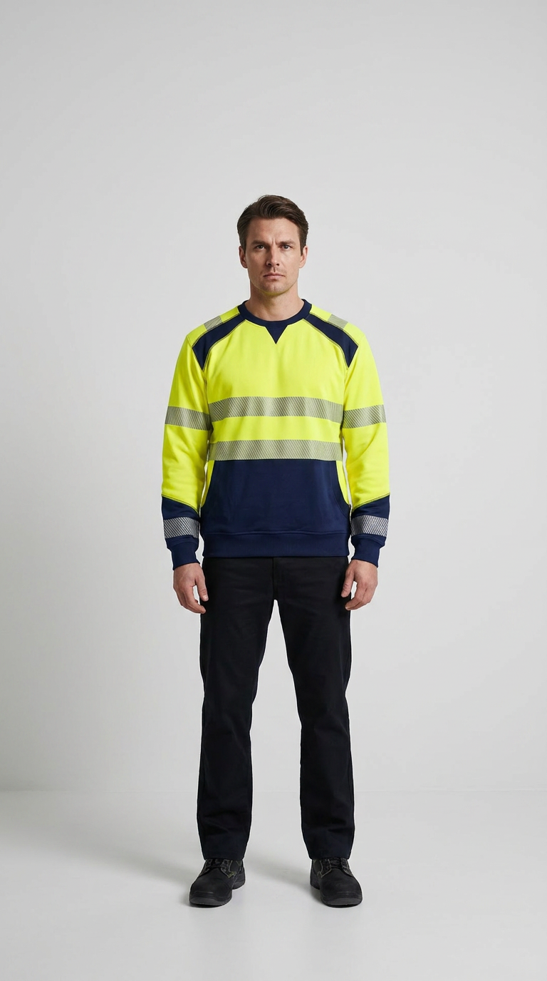 Mand i gul og marineblå high-visibility sweatshirt med refleksstriber og sorte arbejdsbukser.