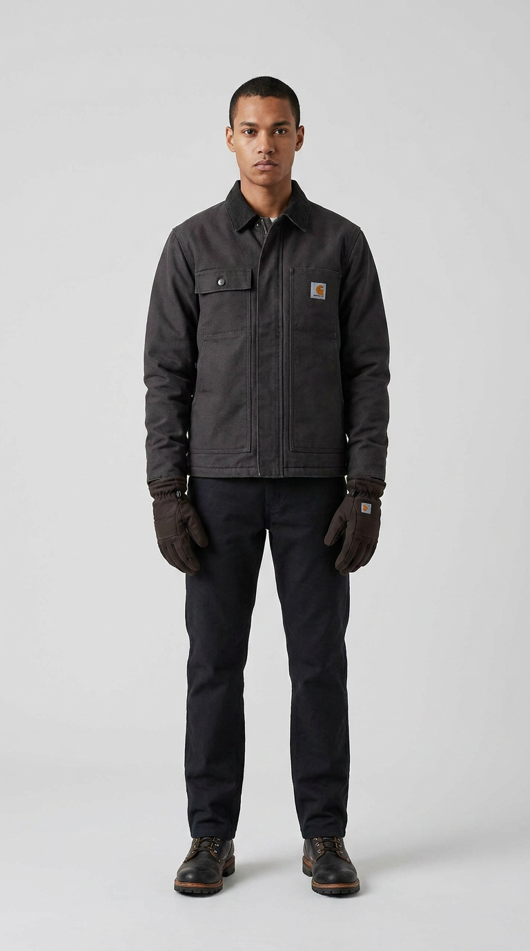 En mand i en mørk Carhartt-jakke, sorte bukser og brune handsker foran en grå baggrund.
