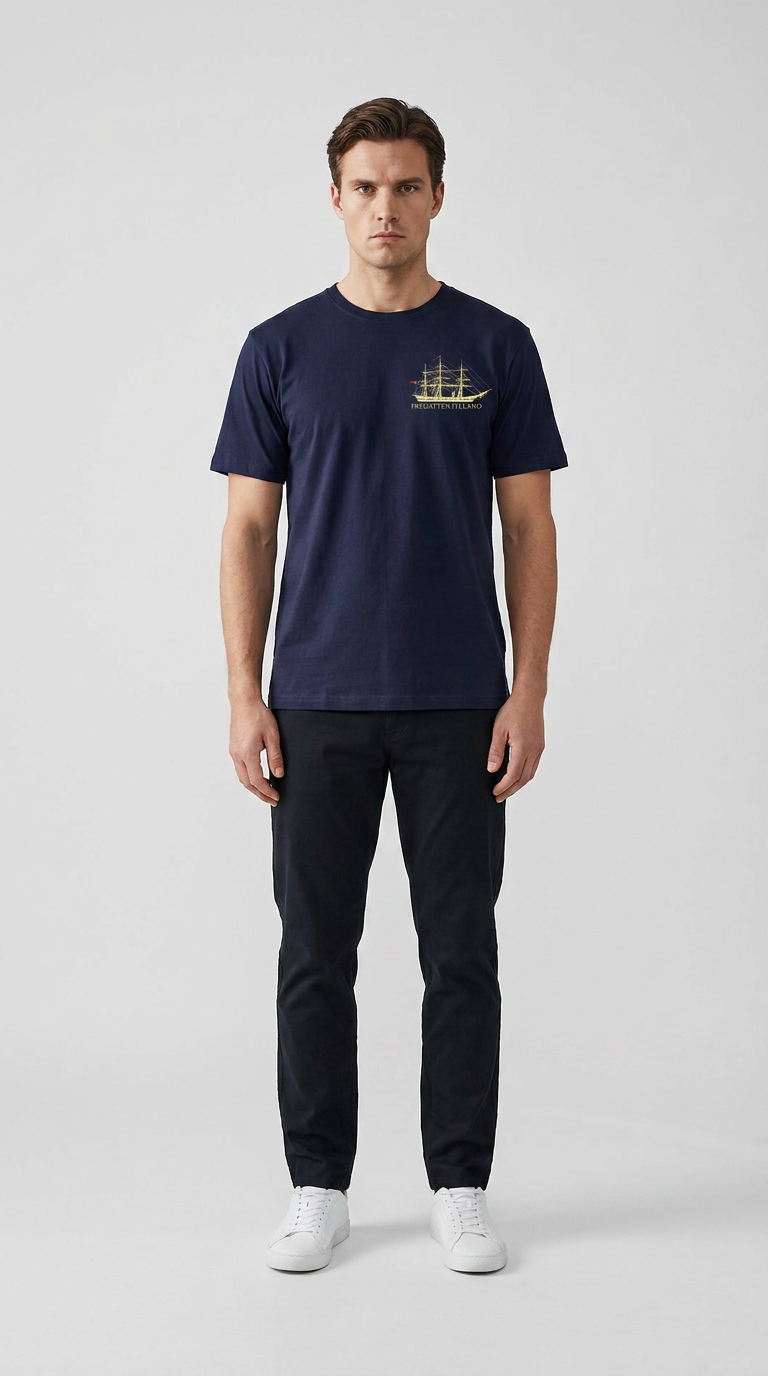 Mand i mørkeblå t-shirt med Fregatten Jylland-motiv, mørke bukser og hvide sneakers.