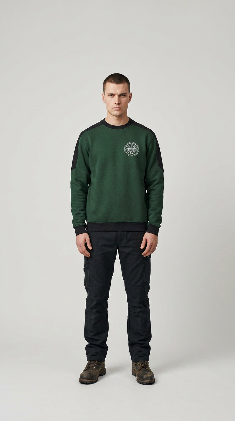 Mand i grøn sweatshirt med sorte detaljer og sorte cargobukser mod en lys baggrund.