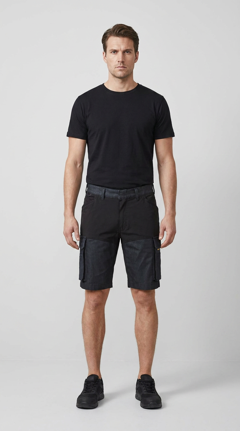 Mand iført sort t-shirt og sorte cargoshorts mod en neutral baggrund.