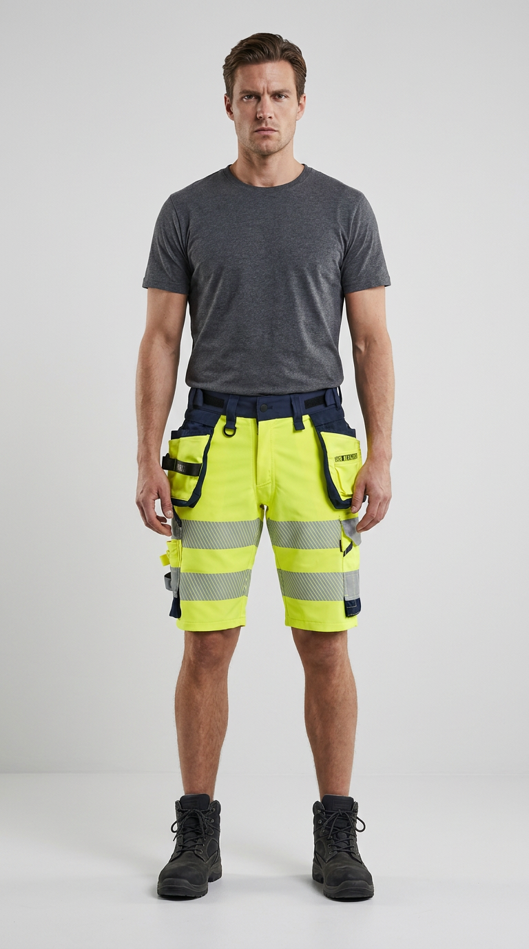 Mand i grå t-shirt og neon-gule arbejdsshorts med reflekser og sorte støvler mod en lys grå baggrund.