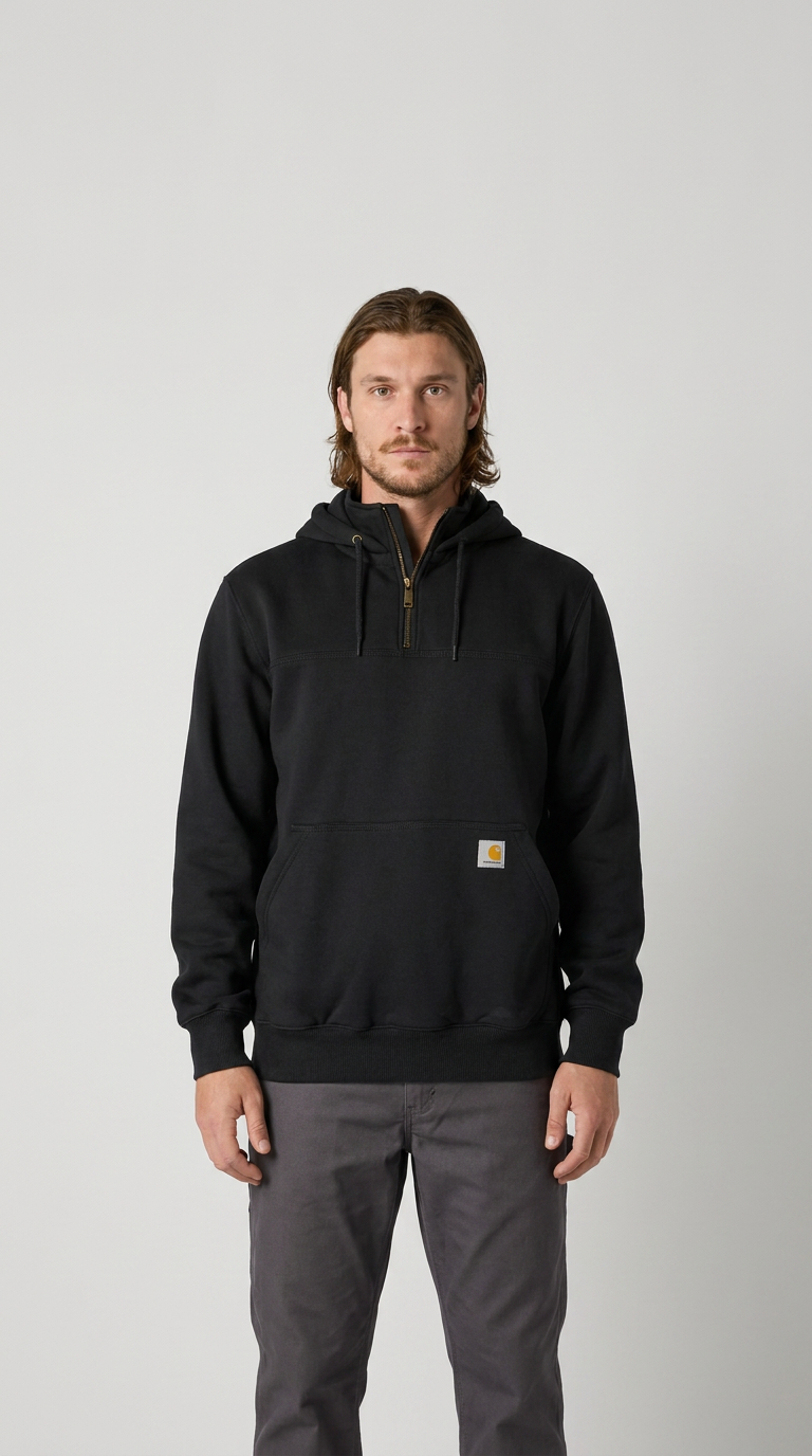 Mand i sort Carhartt-hættetrøje med lynlås og grå bukser på en hvid baggrund.