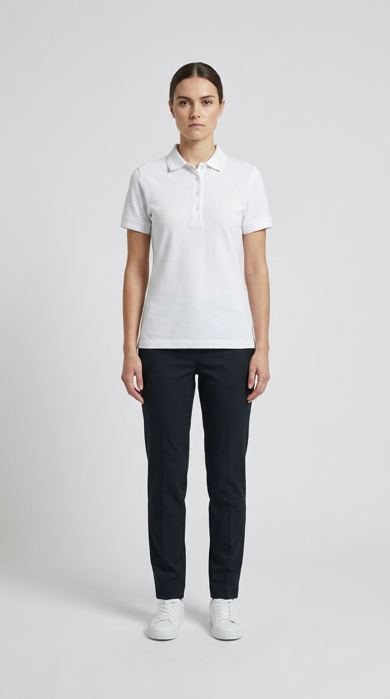 Kvinde iført hvid polo shirt, mørke bukser og hvide sneakers mod en lys baggrund.