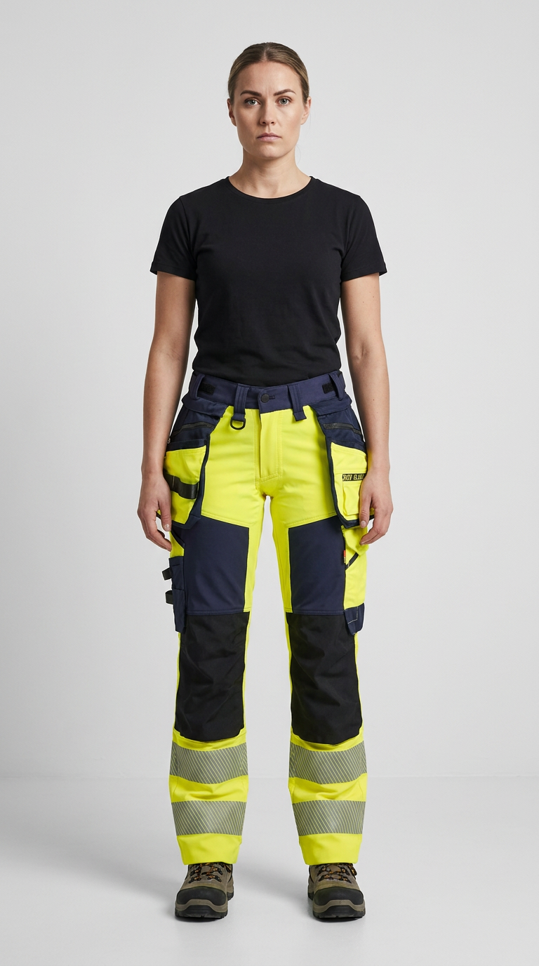 Kvinde i sort t-shirt og gule high-vis arbejdsbukser med refleksstriber mod en grå baggrund.
