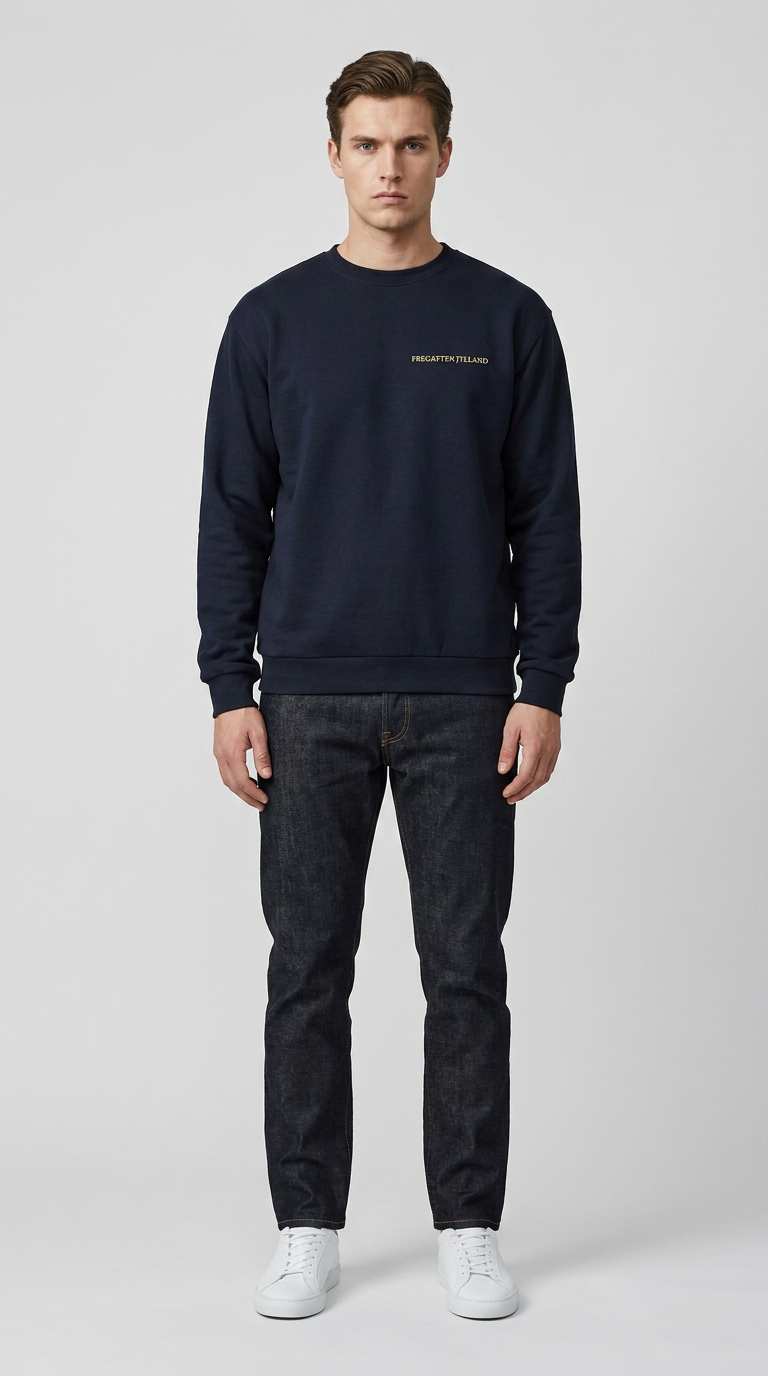 Mand iført marineblå sweatshirt med "Fregatten Jylland" i guld, mørke jeans og hvide sneakers.