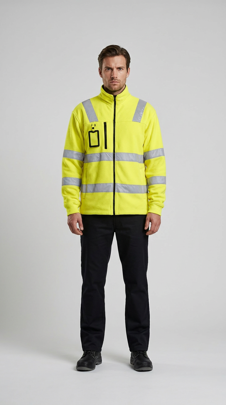 Mand i gul high-visibility fleecejakke med refleksstriber og sorte arbejdsbukser mod en grå baggrund.