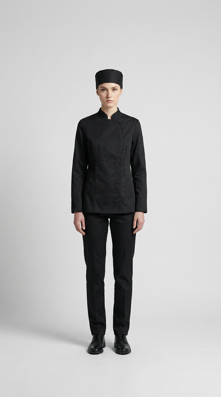 Kvinde i sort kokkeuniform med jakke, bukser og hue mod en lys grå baggrund.