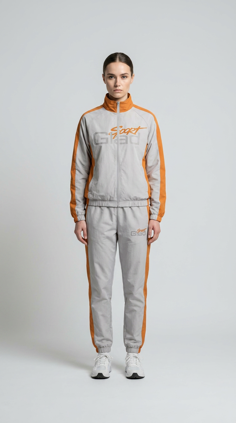 Kvinde iført gråt og orange Sport Glad-træningssæt og hvide sneakers foran en grå baggrund.