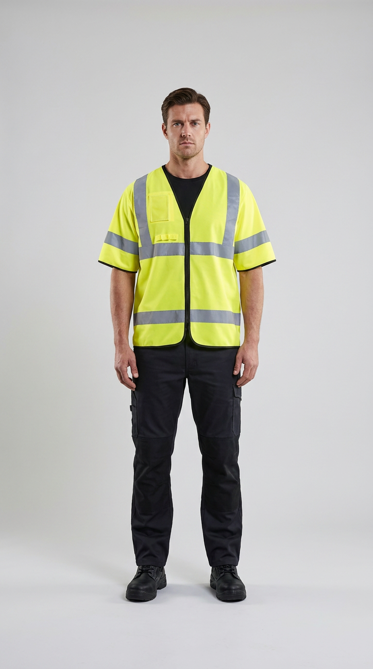 Mand i gul sikkerhedsvest med refleksstriber og sorte arbejdsbukser mod en grå baggrund.