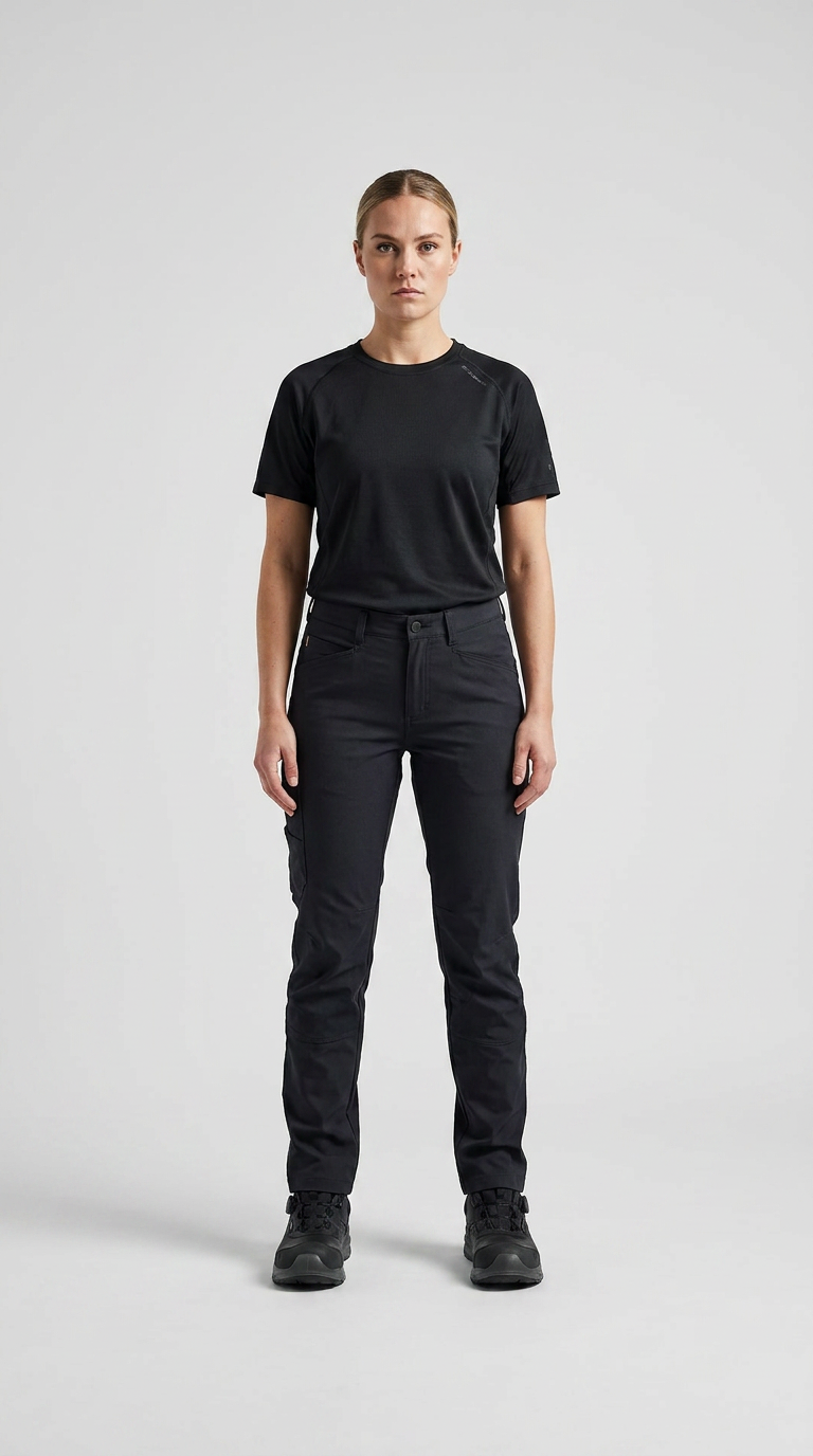 Kvinde iført sort t-shirt og sorte outdoorbukser stående mod en lys baggrund.