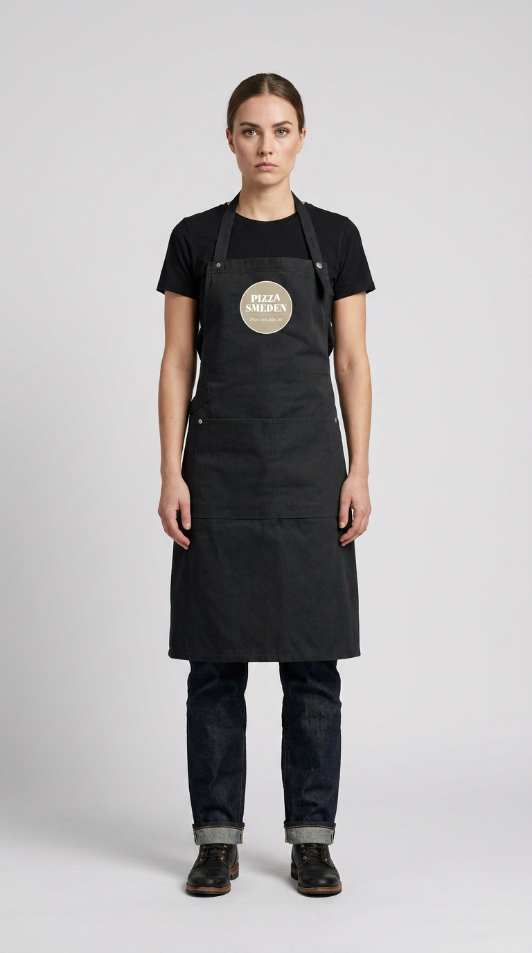 Kvinde i sort t-shirt og jeans iført et sort forklæde med 'Pizza Smeden'-logoet mod en grå baggrund.