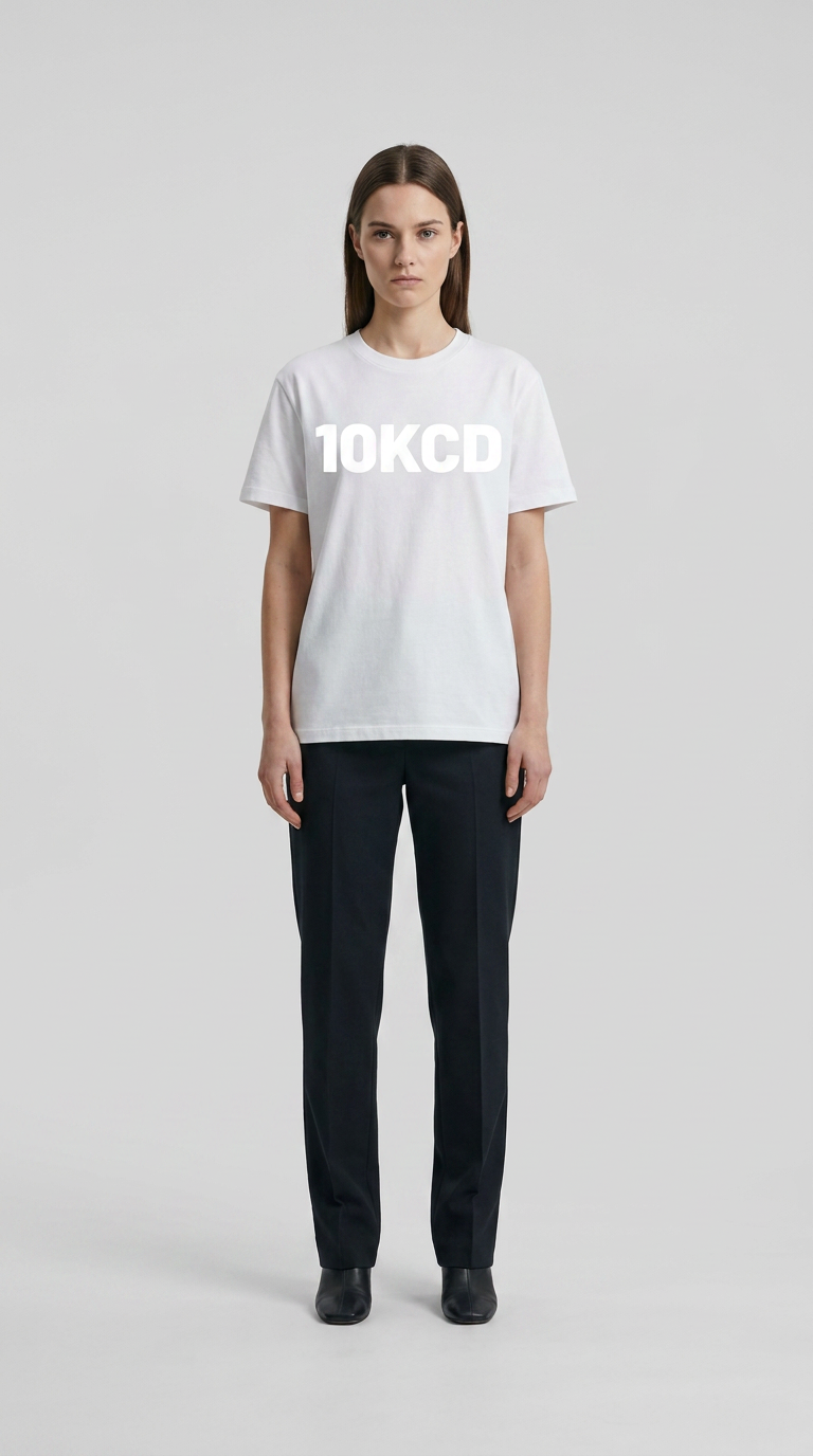 Kvinde i hvid t-shirt med "10KCD"-tekst og sorte bukser mod en grå baggrund.