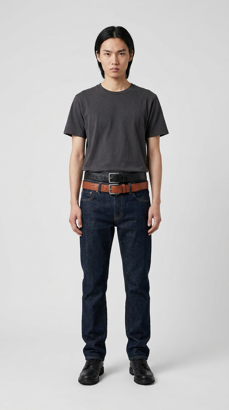 Mand i grå t-shirt, mørkeblå jeans med to bælter og sorte sko mod en lys baggrund.