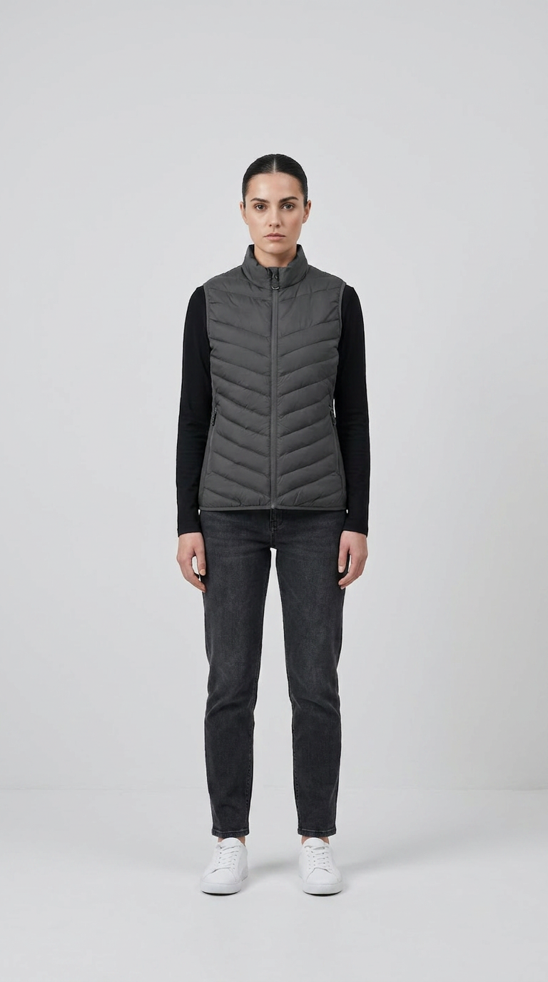Kvinde iført grå quiltet vest, sort langærmet trøje, mørkegrå jeans og hvide sneakers mod en lys grå baggrund.
