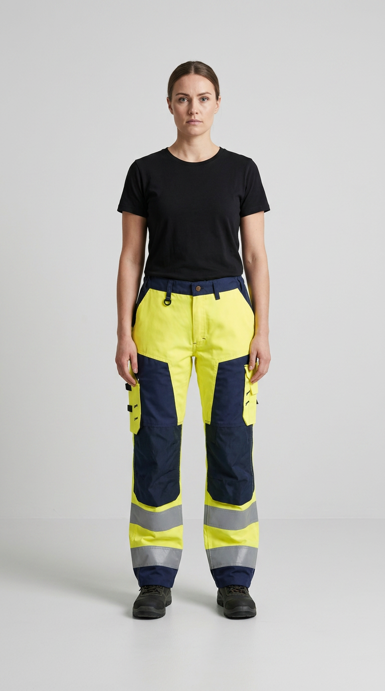 Kvinde i sort t-shirt og gul og marineblå high-visibility arbejdsbukser med reflekser på en grå baggrund.