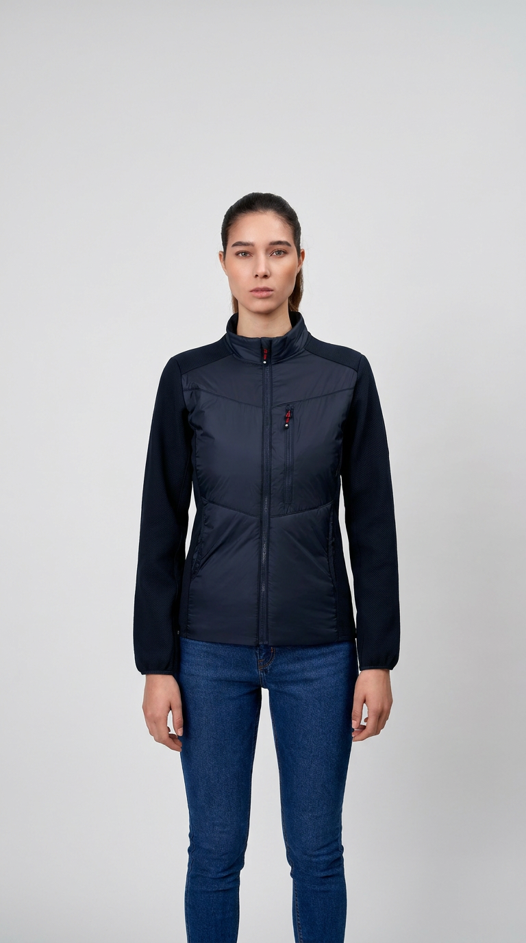 Kvinde i mørkeblå hybridjakke og blå jeans mod en lys grå baggrund.
