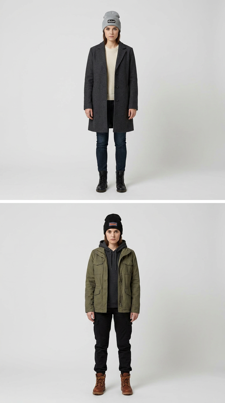 Kvinde i to outfits: en grå frakke med hue og en olivengrøn jakke med hættetrøje mod en hvid baggrund.