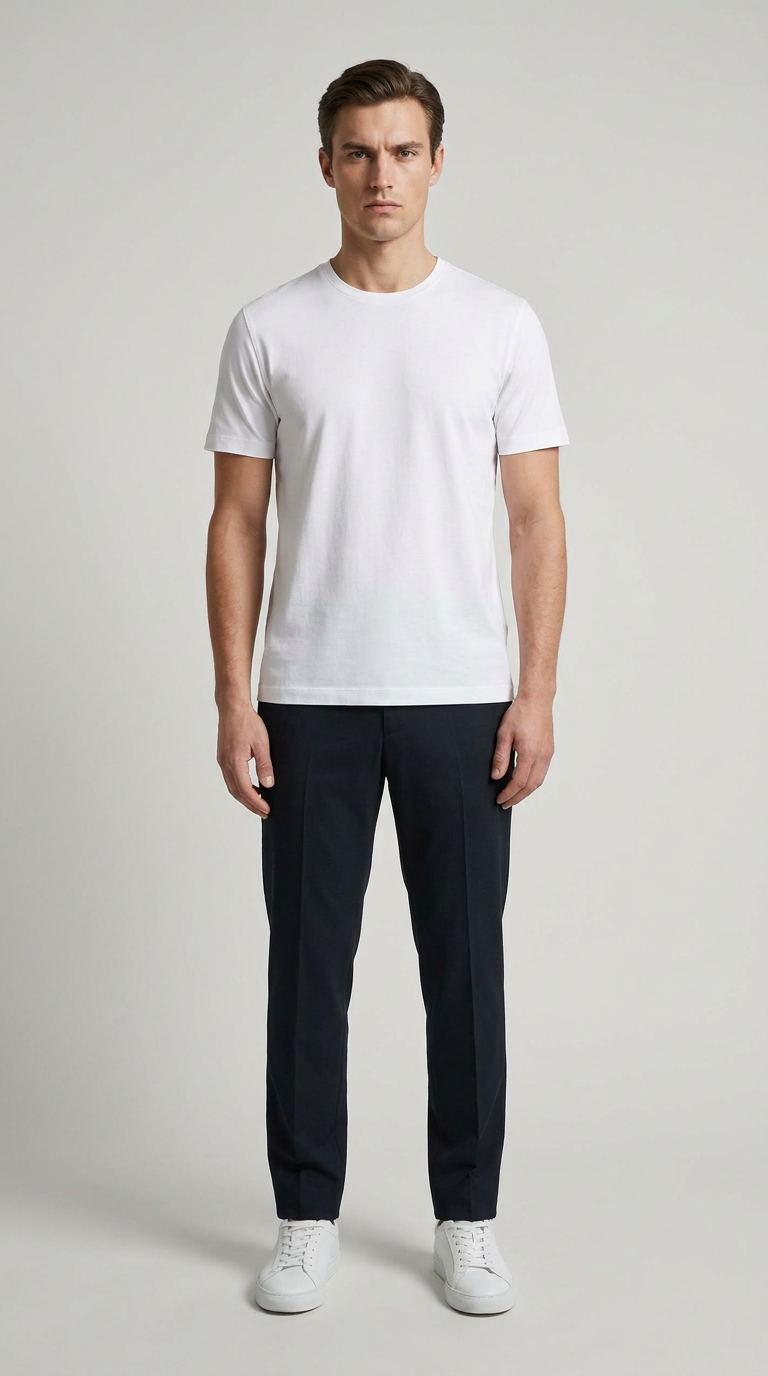 Mand iført hvid t-shirt, mørke bukser og hvide sneakers mod en lys baggrund.