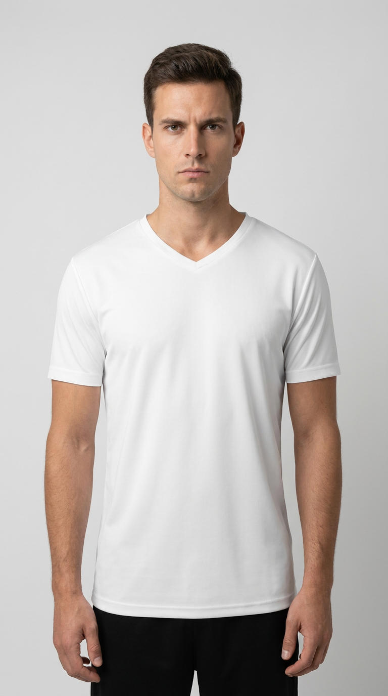 Mand i en hvid v-hals t-shirt mod en lys grå baggrund.