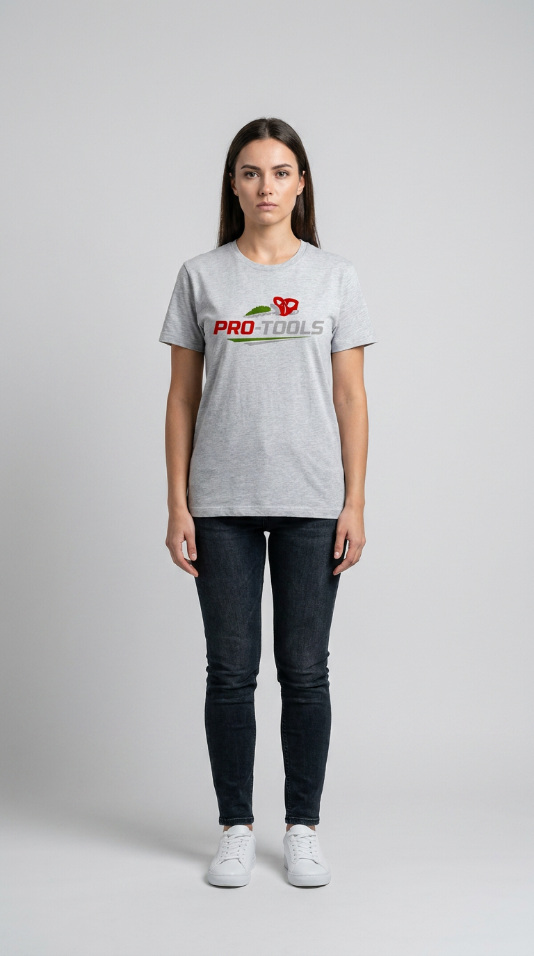 Kvinde iført grå Pro-Tools t-shirt, mørke jeans og hvide sneakers foran en grå baggrund.