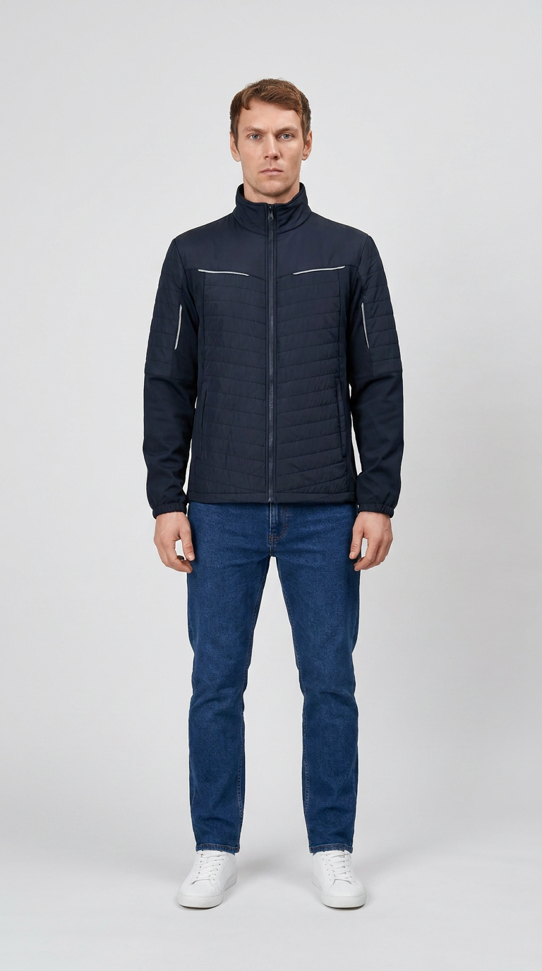 Mand iført mørkeblå quiltet jakke med refleksdetaljer, blå jeans og hvide sneakers.