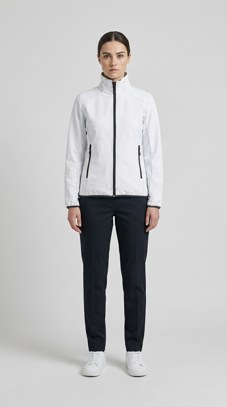 Kvinde iført hvid softshell-jakke med sorte lynlåse, mørke bukser og hvide sneakers på en grå baggrund.