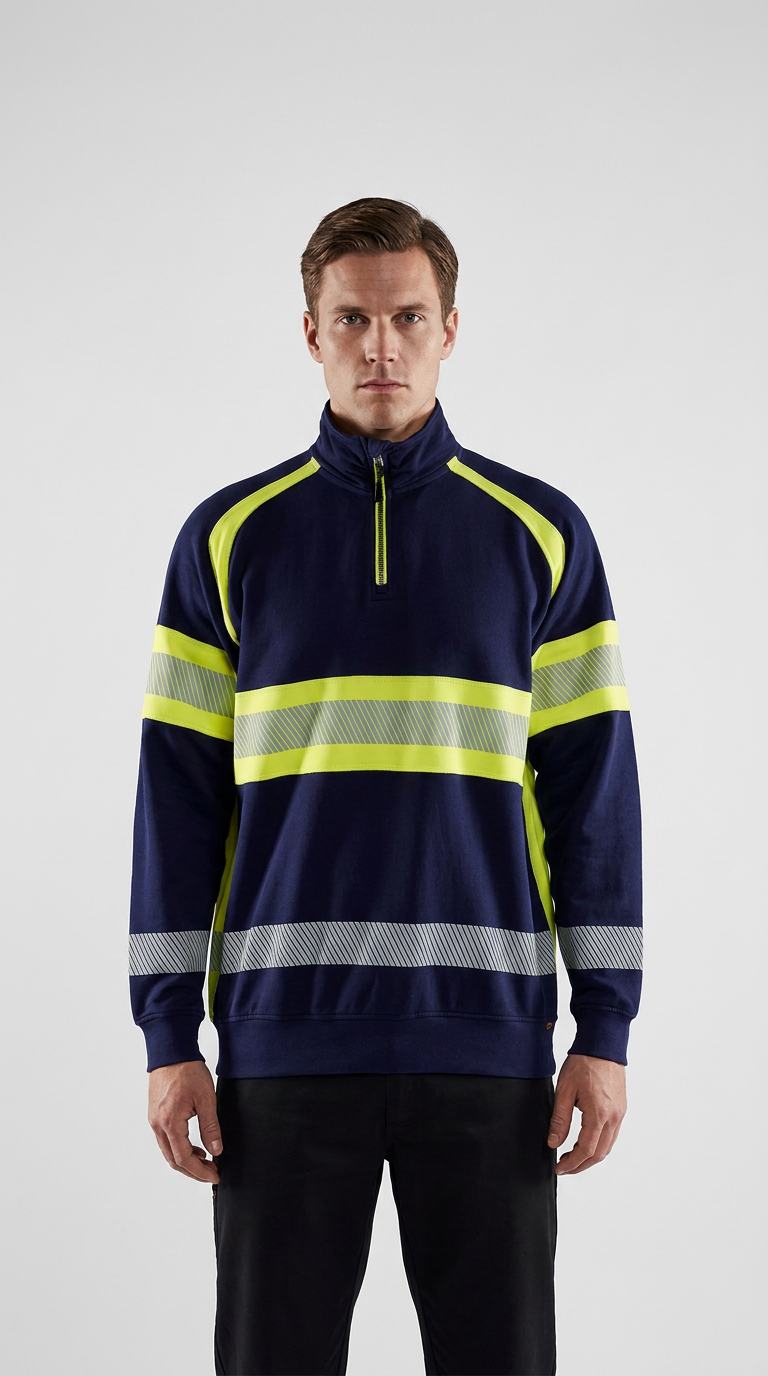 Mand i mørkeblå high-visibility sweatshirt med refleksstriber og neongule detaljer.