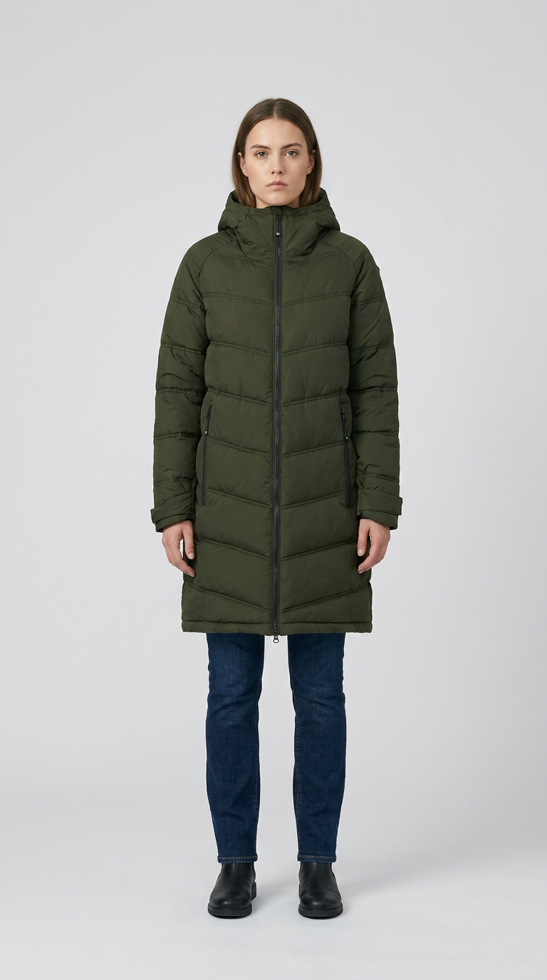 Kvinde i en lang, mørkegrøn dynejakke med hætte, blå jeans og sorte støvler mod en lys baggrund.
