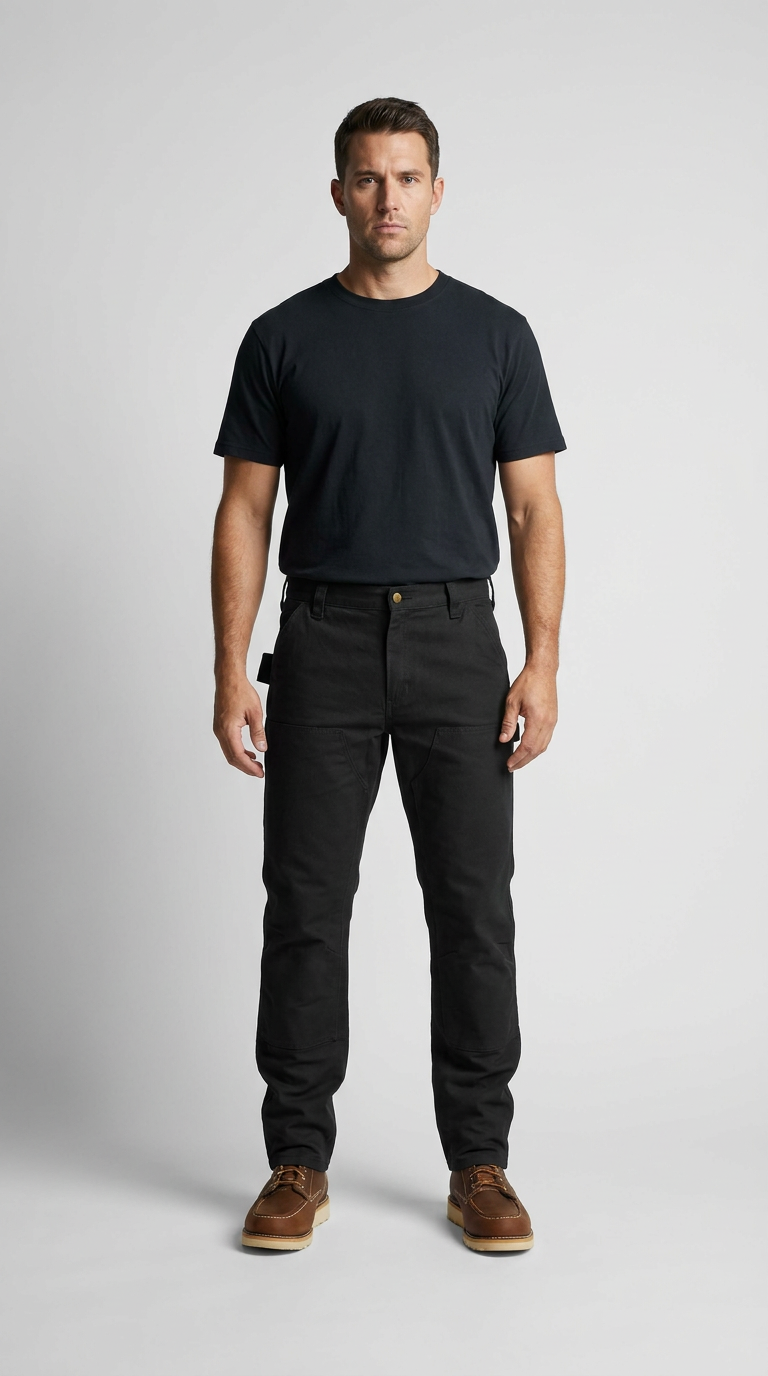 Mand i sort t-shirt, sorte arbejdsbukser og brune læderstøvler på en lys grå baggrund.