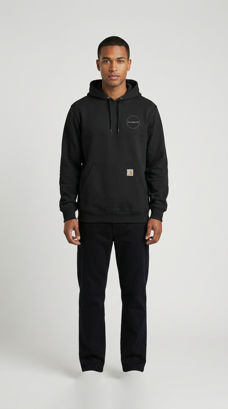 Mand iført sort Carhartt-hættetrøje og sorte bukser mod en lys grå baggrund.
