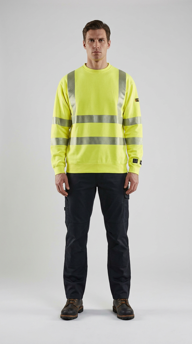 Mand iført neongul sweatshirt med refleksstriber og mørke arbejdsbukser.