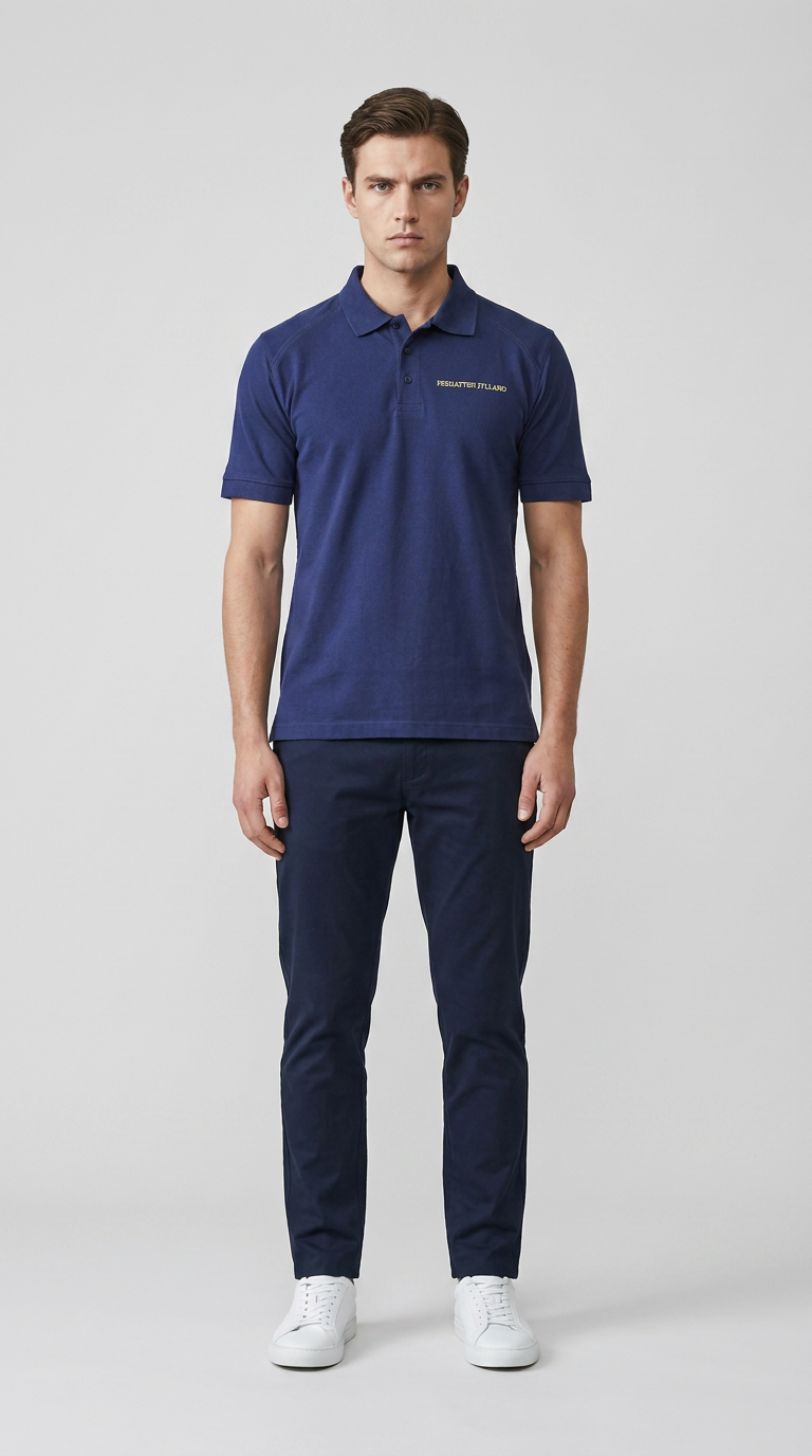 Mand i blå polo shirt, mørkeblå bukser og hvide sneakers mod en grå baggrund.