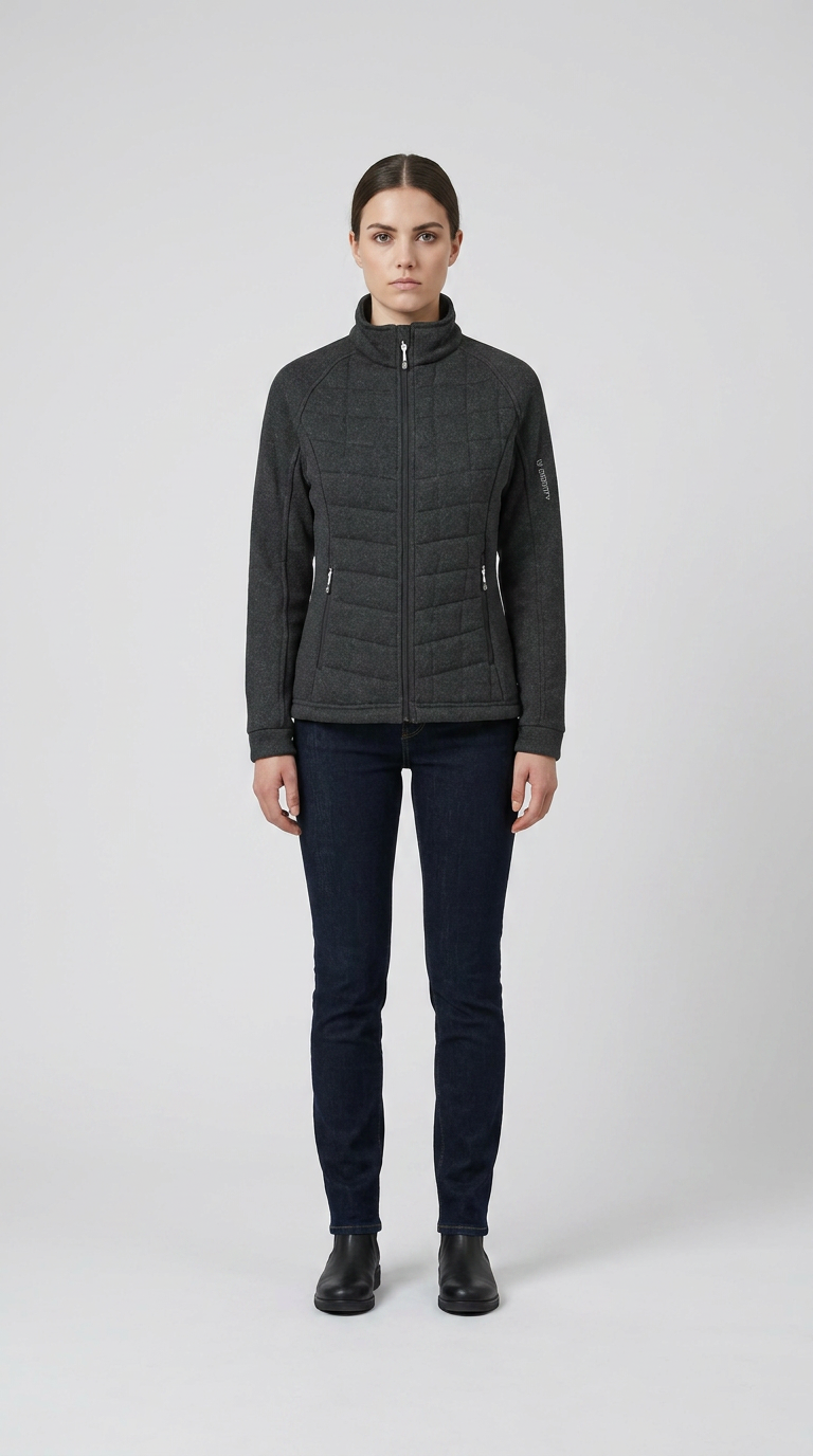 Kvinde i mørkegrå quiltet jakke og mørkeblå jeans mod en lys grå baggrund.