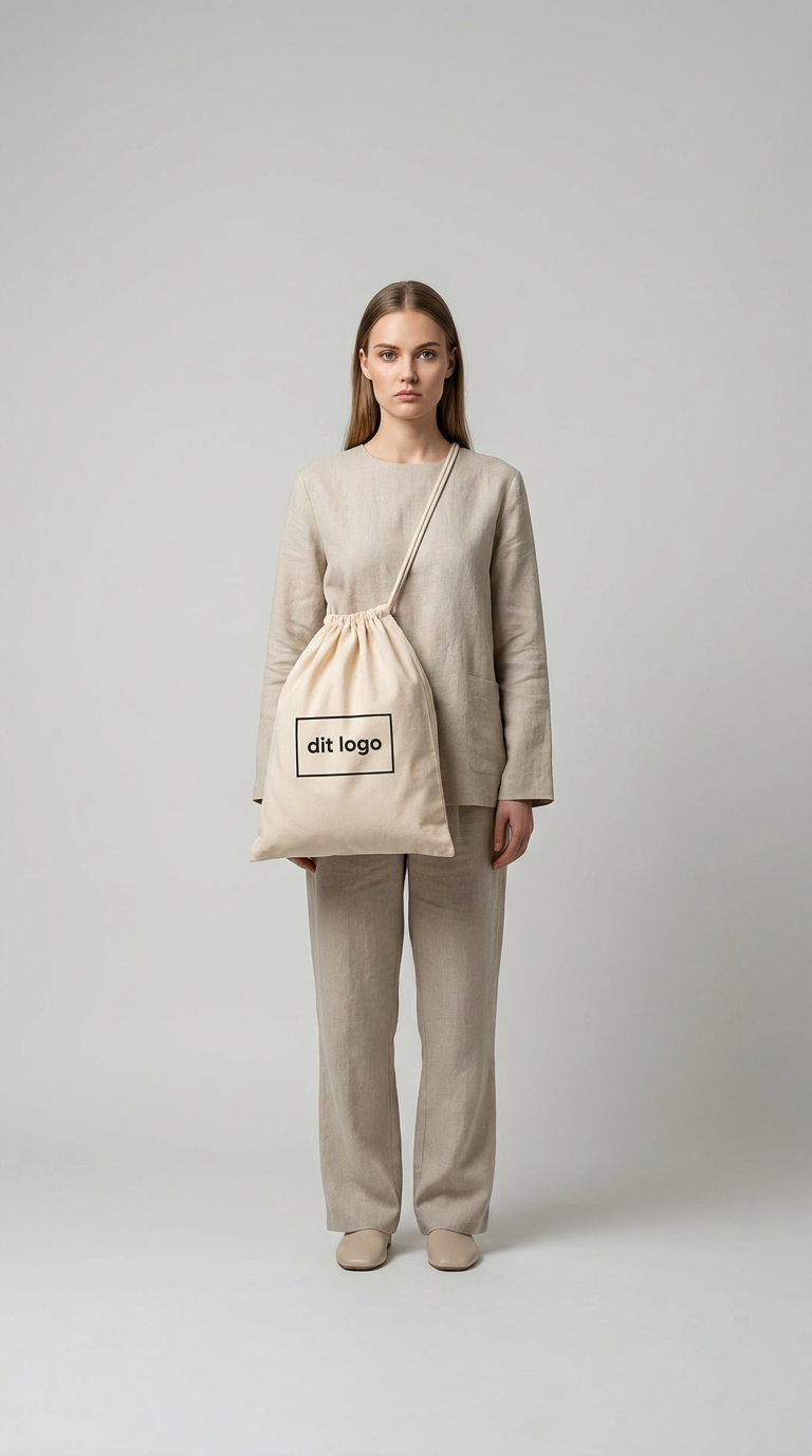 Kvinde i beige hør-tøj med en creme-farvet snorepose med 'dit logo' foran en neutral baggrund.