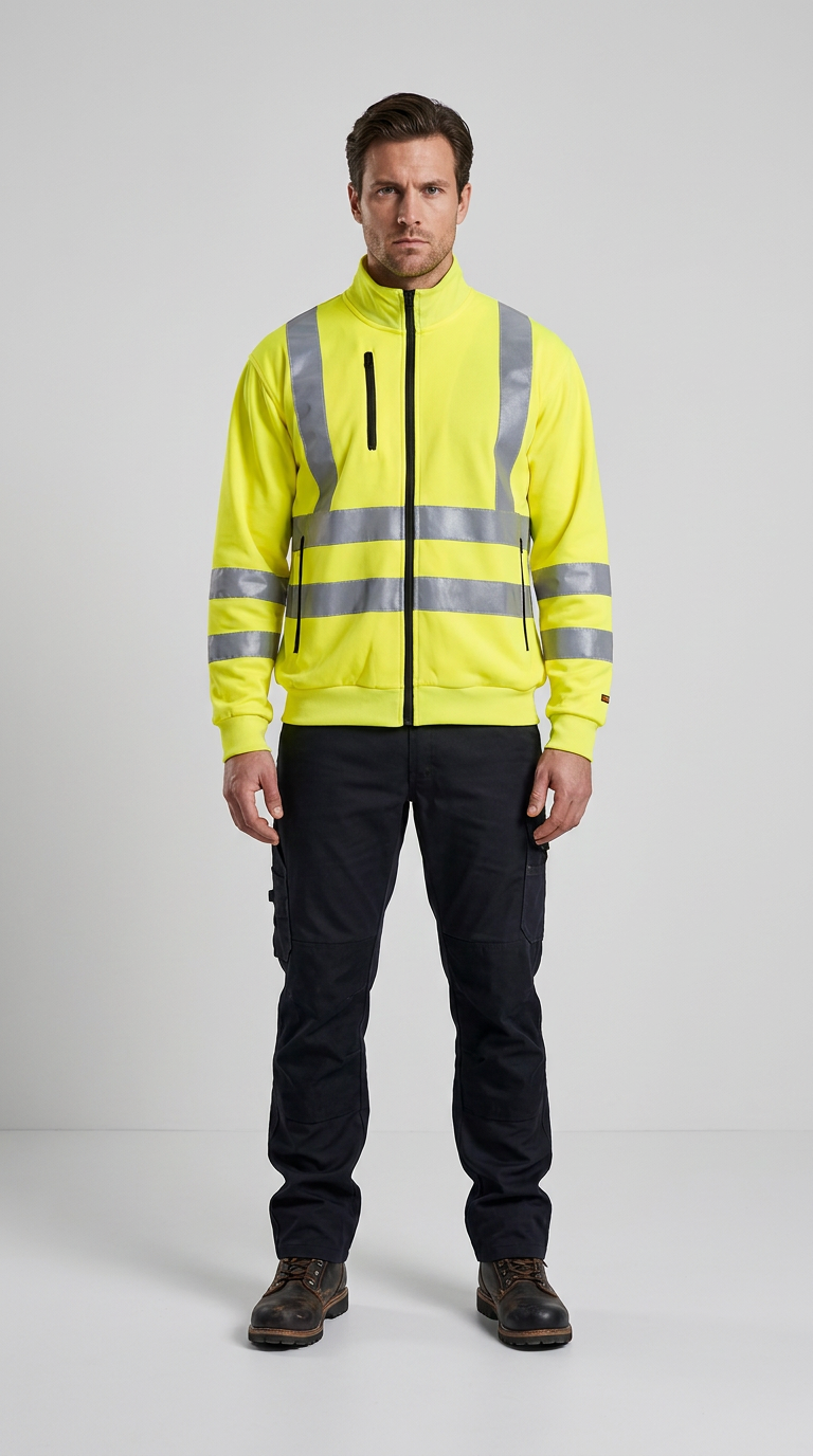 Mand i gul advarselsjakke med reflekser og sorte arbejdsbukser foran en grå baggrund.