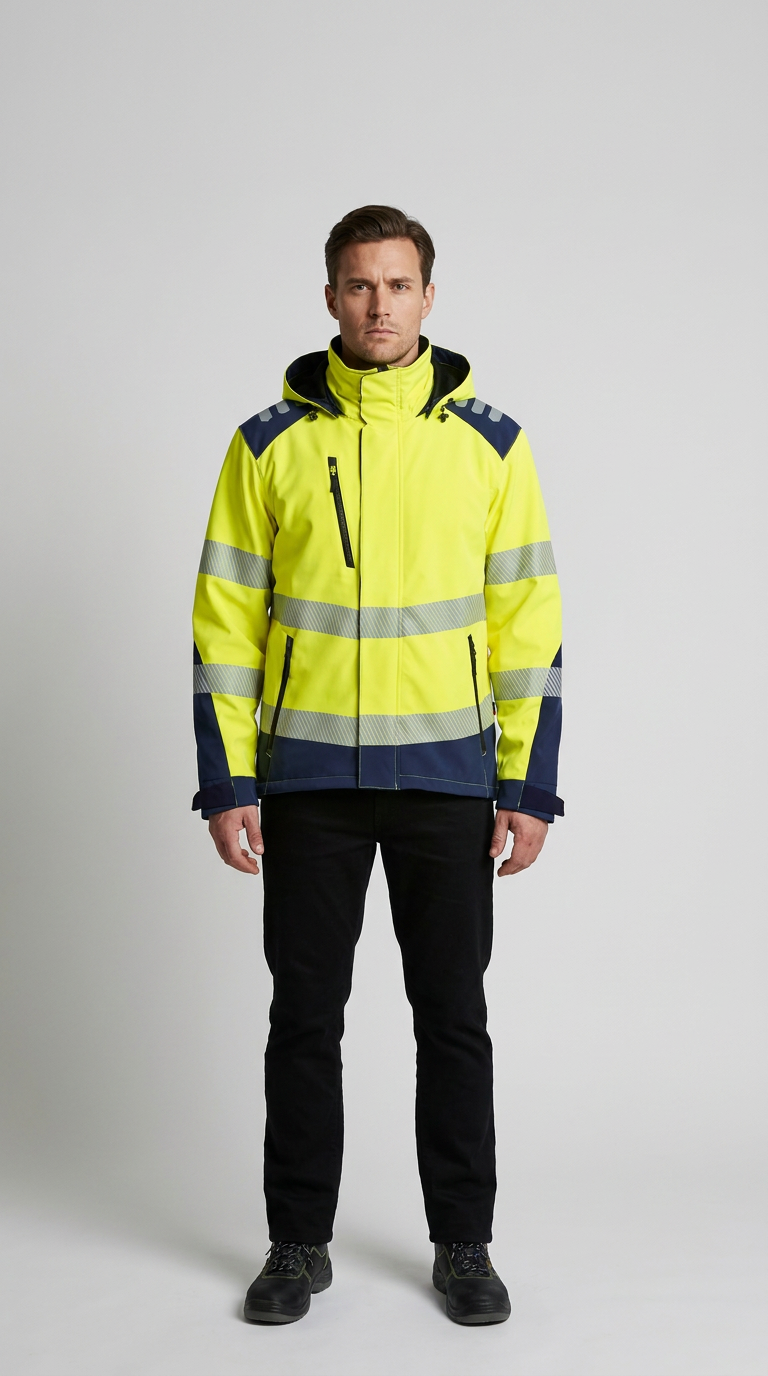 Mand iført gul og mørkeblå high-visibility arbejdsjakke med refleksstriber og sorte bukser.