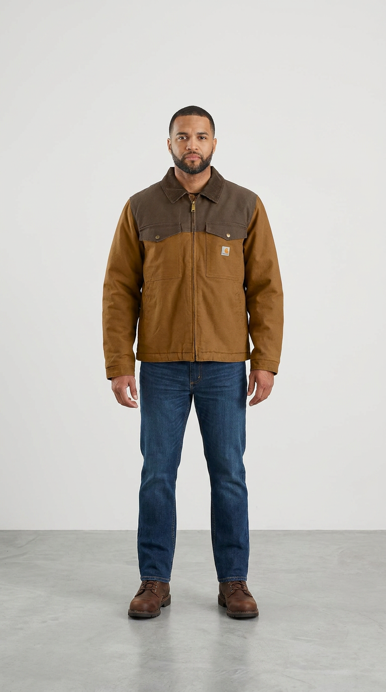 Mand iført en tofarvet brun Carhartt-jakke, blå jeans og brune støvler mod en hvid baggrund.