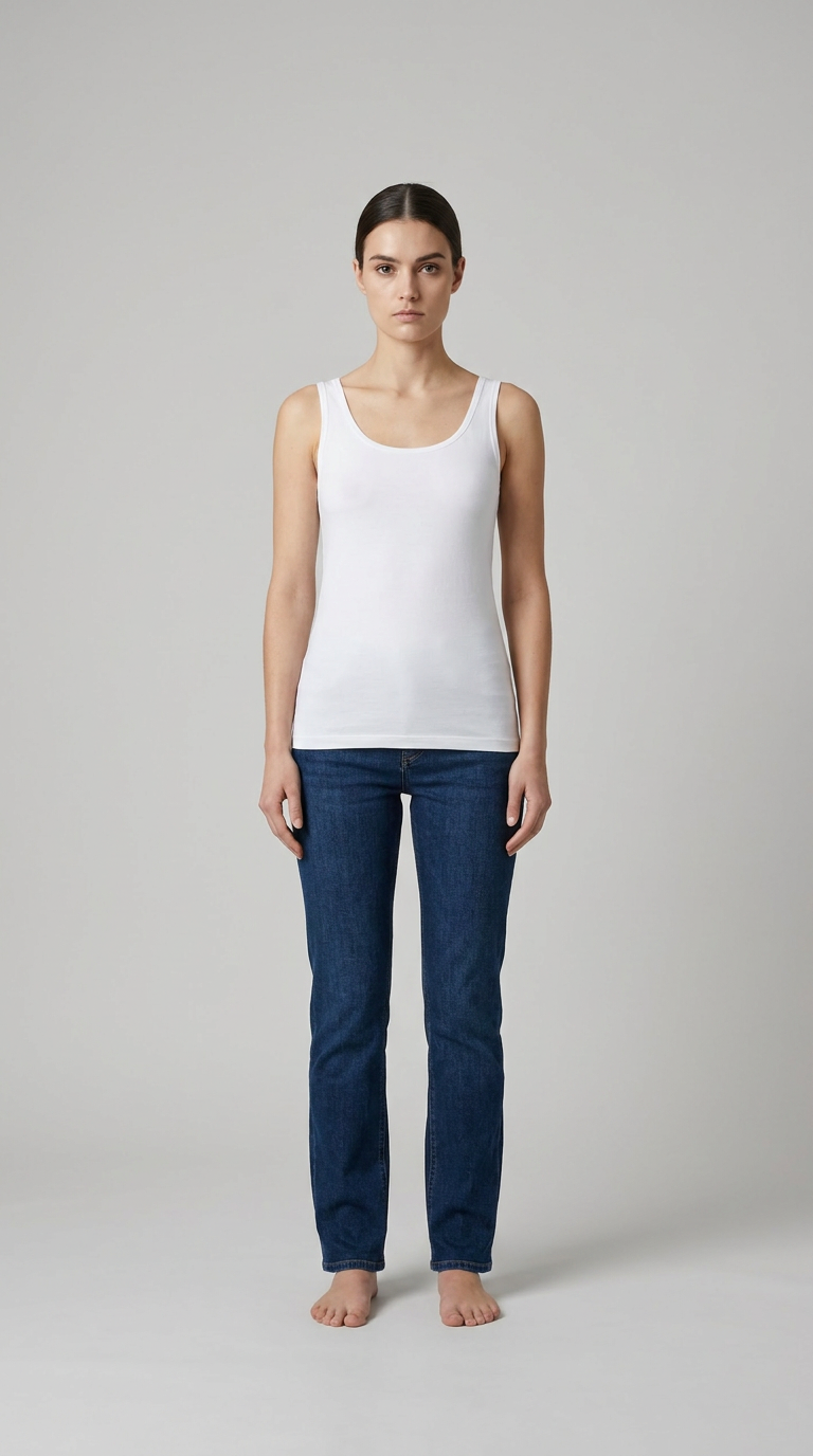 Kvinde i hvid top og blå jeans stående mod en grå baggrund.