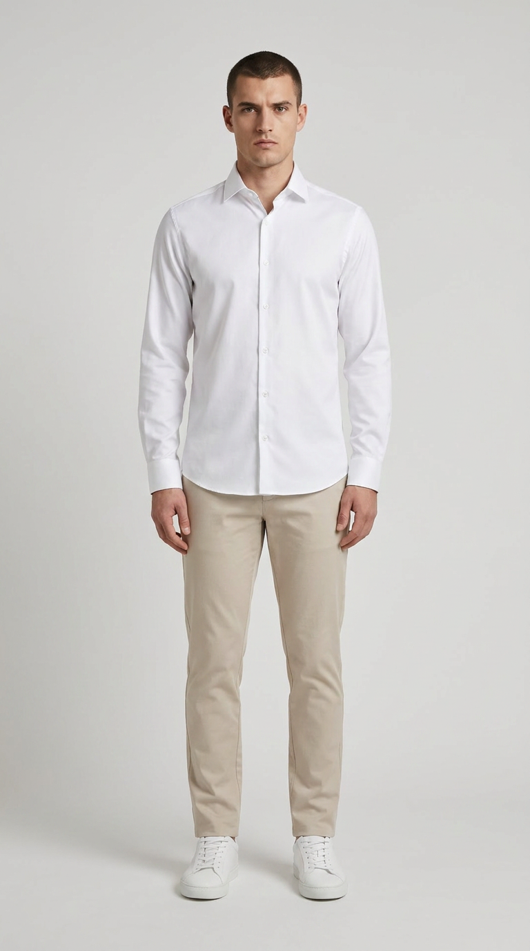 Mand iført hvid skjorte, beige chinos og hvide sneakers foran en grå baggrund.