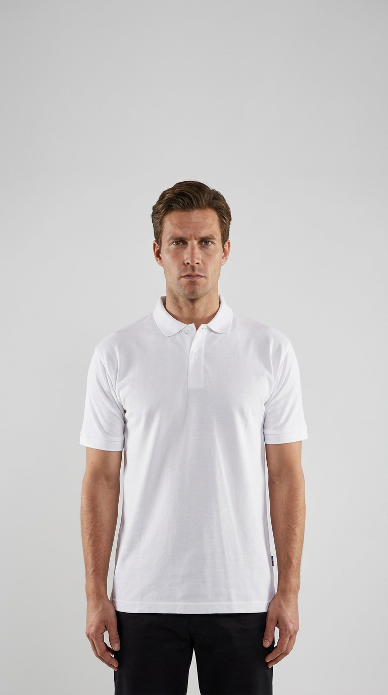 Mand i hvid kortærmet polo shirt og sorte bukser mod en lys baggrund.