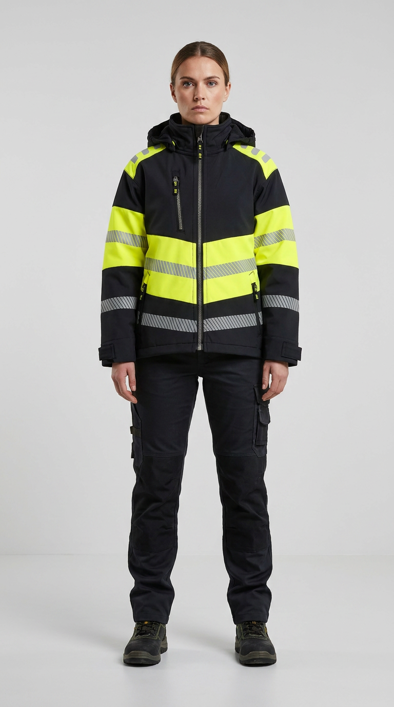 Kvinde i sort og neon-gul arbejdsjakke med refleksstriber og sorte arbejdsbukser på en grå baggrund.