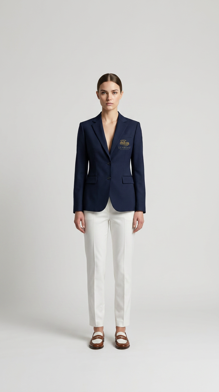 Kvinde i mørkeblå blazer med guldlogo, hvide bukser og loafers foran en lys baggrund.