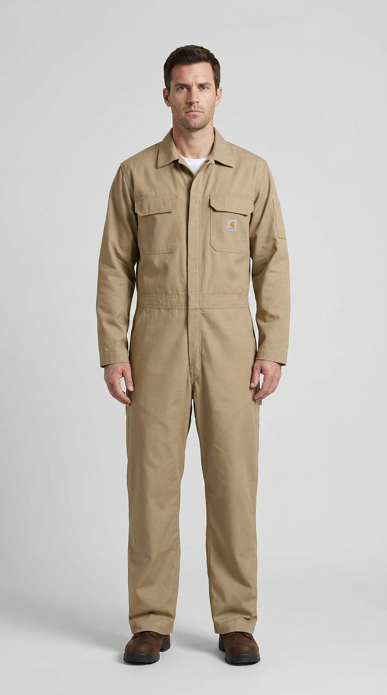 Mand i en beige Carhartt-kedeldragt med brystlommer stående mod en grå baggrund.