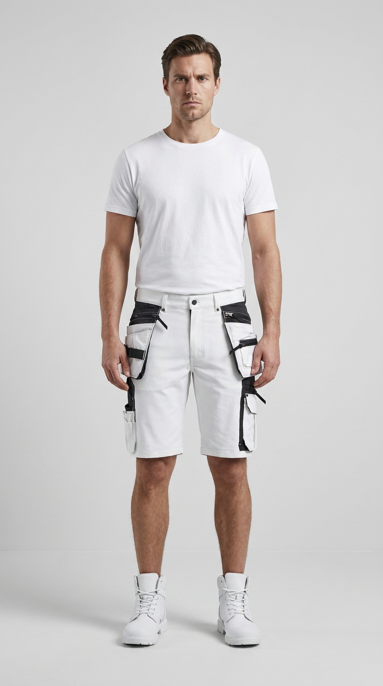 Mand i hvid t-shirt, hvide arbejdsshorts med sorte lommer og hvide støvler mod en grå baggrund.