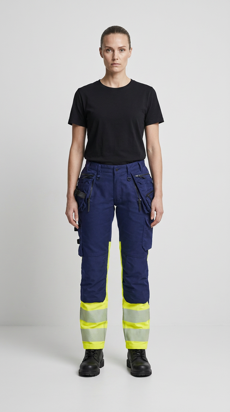 Kvinde i sort t-shirt og blå arbejdsbukser med neon-detaljer og reflekser mod en hvid baggrund.