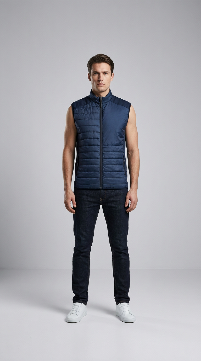 Mand i mørkeblå quiltet vest, mørke jeans og hvide sneakers mod en grå baggrund.