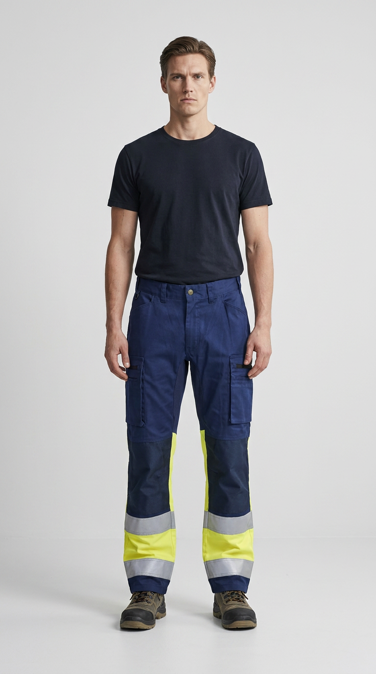 Mand i blå arbejdsbukser med gule reflekser og mørk t-shirt på en lys baggrund.